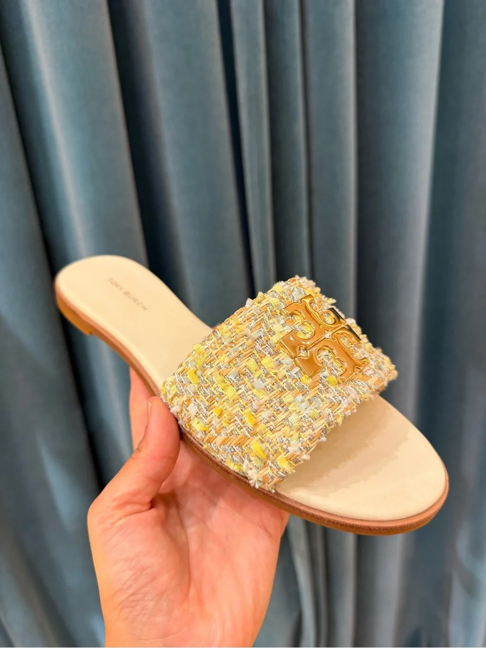 Tory Burch Everly Tweed Flat Slide Sandals Gold Logo Multicolor